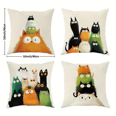 TEMU 4pcs Spring Cat Velvet Throw Pillow Covers Cute Funny Yellow Soft Decorative Pillowcases 1 Sided Printing For Summer Living Room Bedroom Sofa Bed Decor Without Pillow Inserts Image