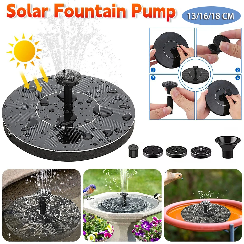 Entdecken Sie 13/16/18 cm solarbetriebene Brunnenpumpen mit 8 Düsen – ideal für Gartenbäder, Teiche und Vogelbäder im Freien Image