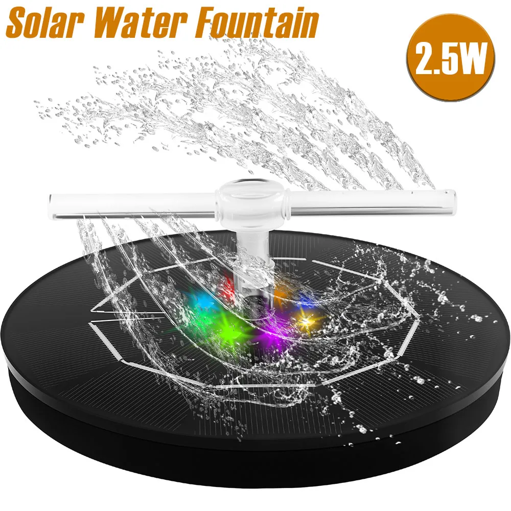 Neuer Solar-Wasserbrunnen, 2,5 W, effizienter Vogelbadbrunnen mit drehbaren Düsen und LED-Lampe, vielseitiges Solar-Wasserpumpen-Set