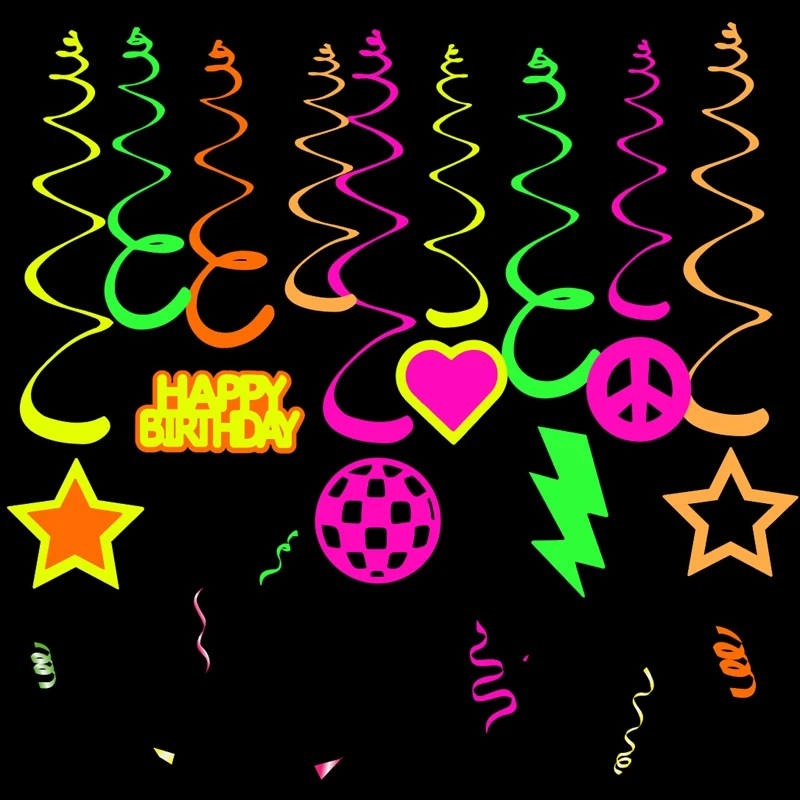 1Set Neon Glow Happy Birthday Papier Banner Hängende Spirale Geburtstag Party Dekoration Schwarz Licht Reaktive UV Glow in the Dark Image