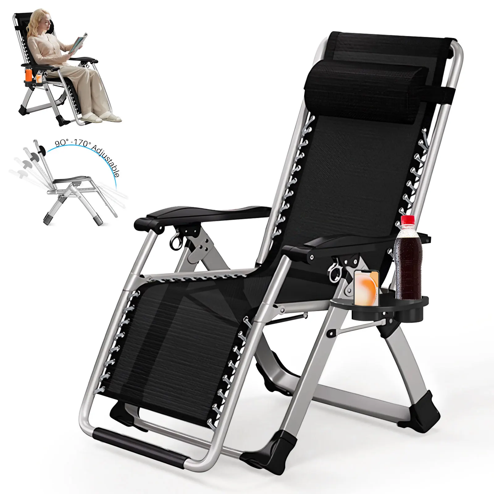 Sonnenliegen für den Außenbereich, Klappstuhl mit Getränkehalter und Kopfstützenkissen, Loungesessel, klappbarer Terrassen-Liegestuhl, Unterstützung 150 kg