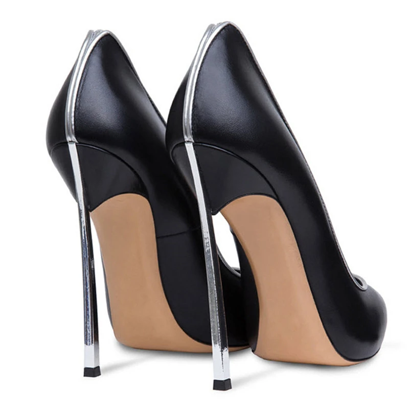 Frühling und Herbst Neue Spitz Flache Leder Einzelnen Schuhe Metall Feine High Heel Bankett Kleid Angepasst Große Größe frauen Schuh Image
