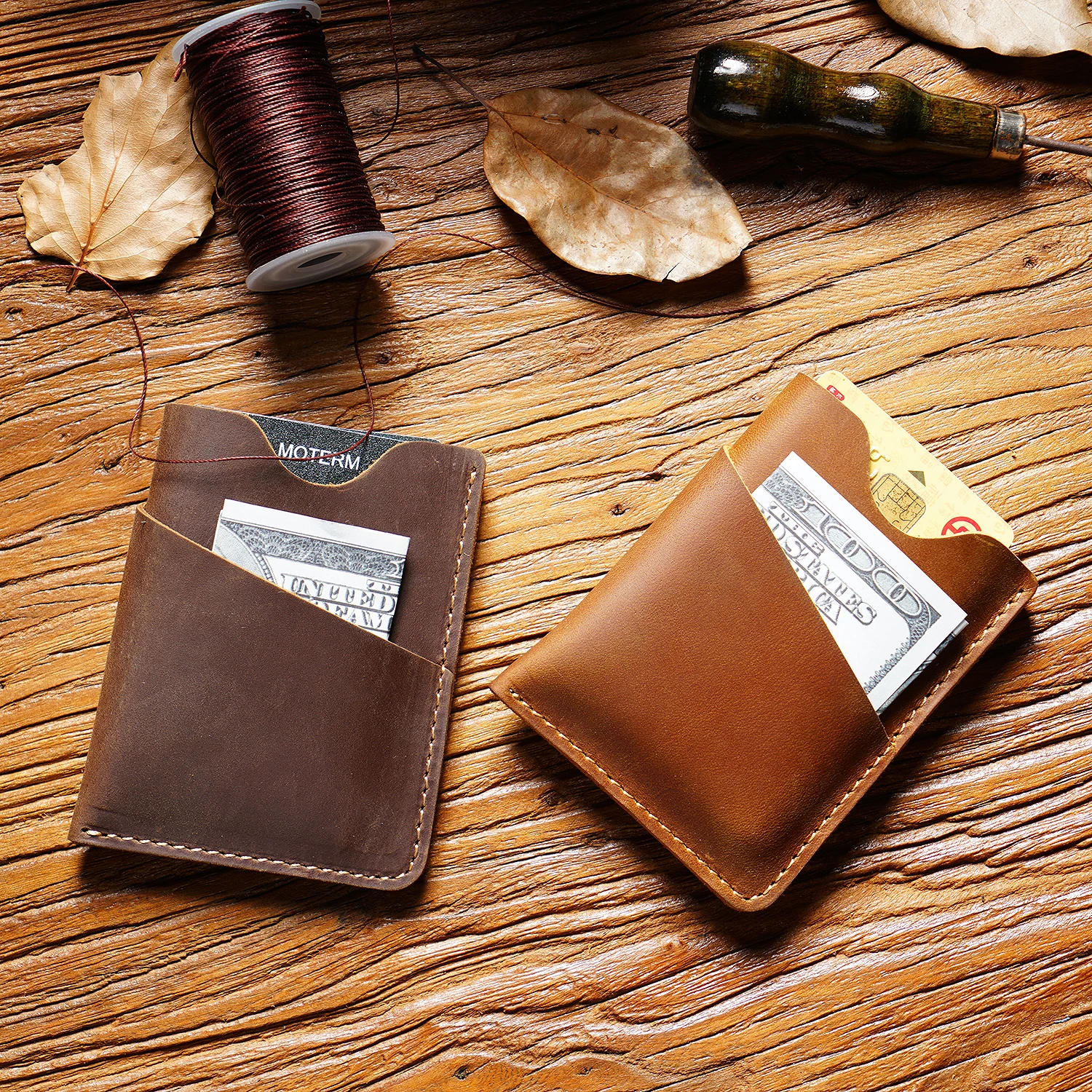 Original handgefertigte Vintage-Geldbörse für Herren aus genarbtem Leder im Vintage-Stil, kompakte, lässige Geldklammer mit Münzfach