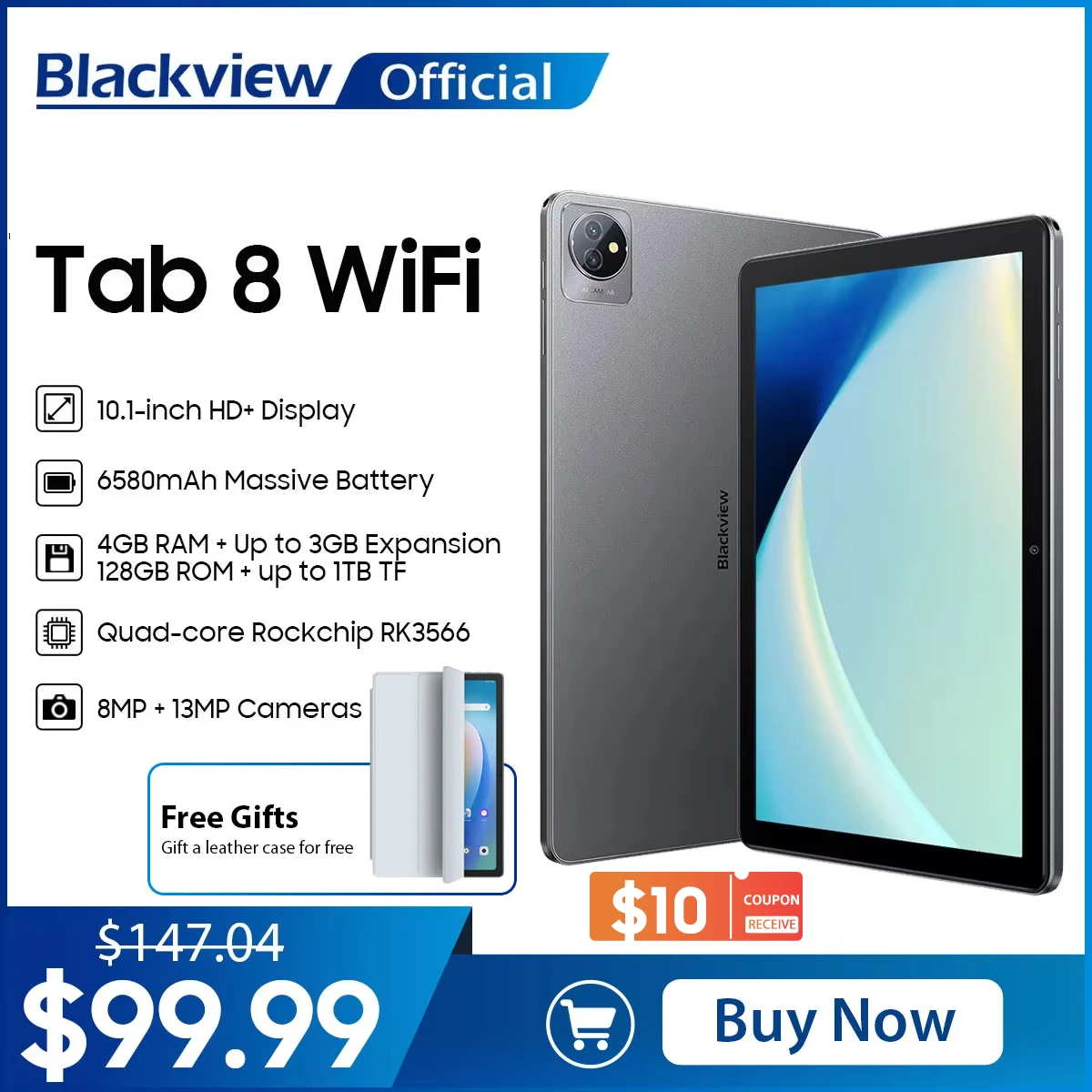 Blackview Tab 8 WiFi Android 12 Tablet 7 GB 128 GB 10,1 Zoll HD+ Display, 6580 mAh 2,4 G/5 G WiFi 6,13 MP Rückkameras Image