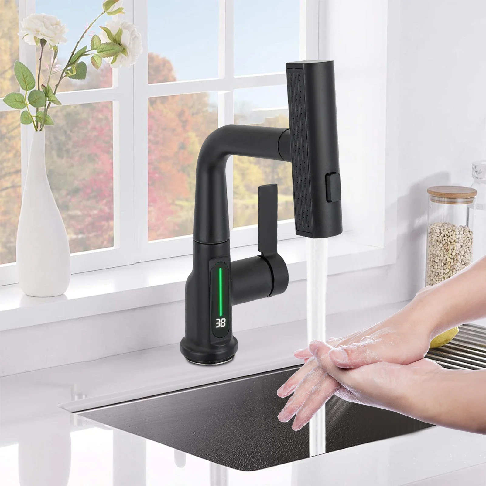 Schwarzer Bad-/Küchenhahn, verschleißfest, Einhebelmischer, ausziehbarer Badewannen-Waschtisch-Waschbecken-Wasserhahn, flexible Drehung, Schwerkraft-Ball