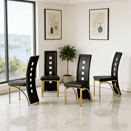 Modern Dining Chairs Set of 4 Black Dining Room Chairs Set of 4 Upholstered PU Leather Kitchen Chairs with Gold Metal Legs High Backrest Armless Seating for Kitchen Dining Room