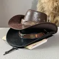 Cappello da cowboy occidentale vintage Cappelli con rivetti con cintura per testa di bue per uomo Donna Cappellino da sole da cowgirl in ecopelle a tesa larga da viaggio all'aperto