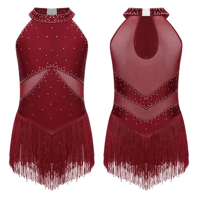 Kids Girls Latin Dance Leotard Dress Figure Skating Tango Cha-Cha Performance Costume Sleeveless