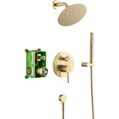 Brushed Gold Shower Faucet System with high pressure 8 Inches rain shower head and brass hand