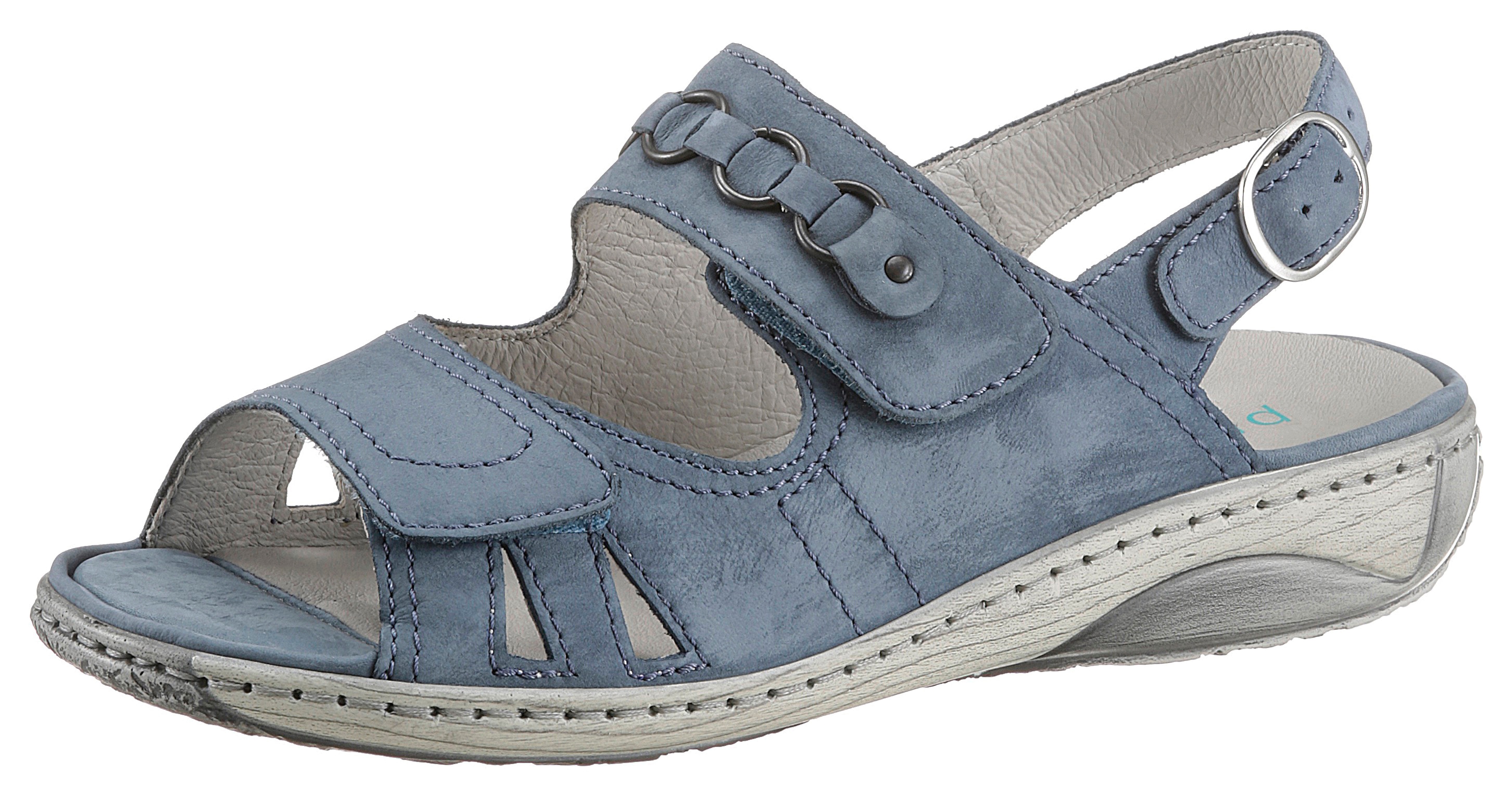 Riemchensandale WALDLÄUFER "GARDA", Damen, Gr. 3,5 (36), blau (jeansblau), Nubukleder, unifarben, Schuhe Riemchensandale, Sommerschuh, Sandalette, Keilabsatz, mit Druckknopf, G-Weite