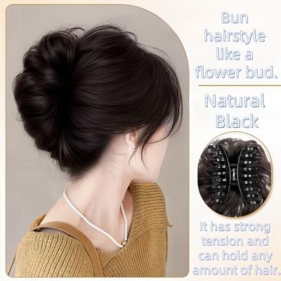 TEMU Synthetic Hair Bun Extension For Women | High-temperature Fiber | Claw Clip Attachment | Natural Fluffy Wavy Style | & | Versatile Updo Accessory For Image