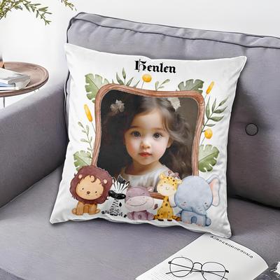 TEMU 1pc Personalized Name And Age Photo Throw Pillow Cover - Preppy Style, Machine Washable, Geometric Pattern, Zipper Closure, Living Room Decor, Polyester Composition Image