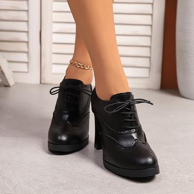 TEMU Black Multicolored Women's Fashionable Brogue Chunky Heeled Lace-up Shoes With A Round Toe. Image