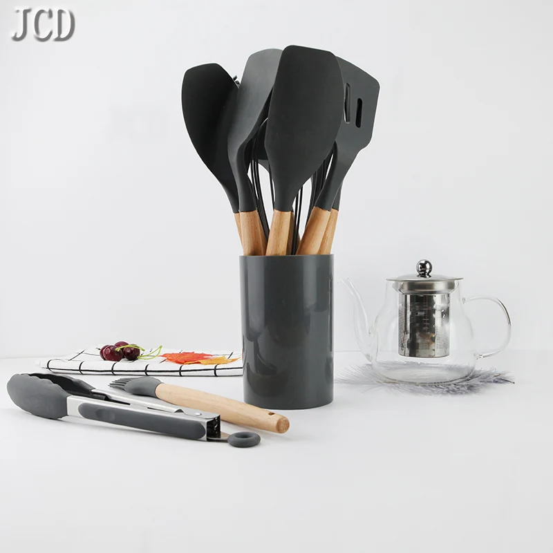 Hochtemperaturbeständiges Silikon-Küchengeschirr-Set mit Holzgriff, Schaufel, undichtem Löffel, Werkzeug, Kochutensilien, Backzubehör Image
