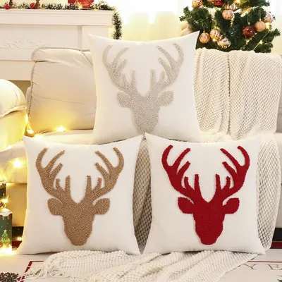 1PC Weihnachtsdekoration Dekokissenbezug Stickerei Leinwand getuftet Weihnachtshirsch Image