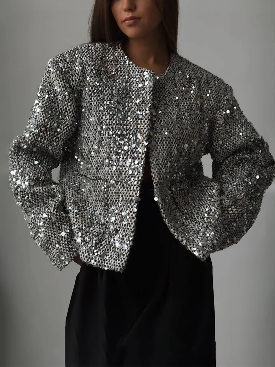 Frauen Mode schick Silber Mantel lässig warm schick elegante weibliche Mäntel Herbst lose Pailletten Jacke Frau Kleidung