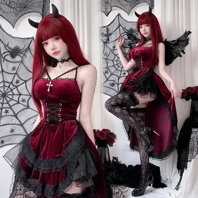 Frauen Gothic Samt Schwalbenschwanz Neckholder Kleid Halloween Cosplay Sexy Dämon Vampir Hexe Kostüm Image