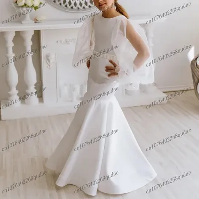 Weiße Meerjungfrau Tüll Satin Langarm Blumenmädchenkleider Prinzessin Kleid Erstkommunion Kleid Image