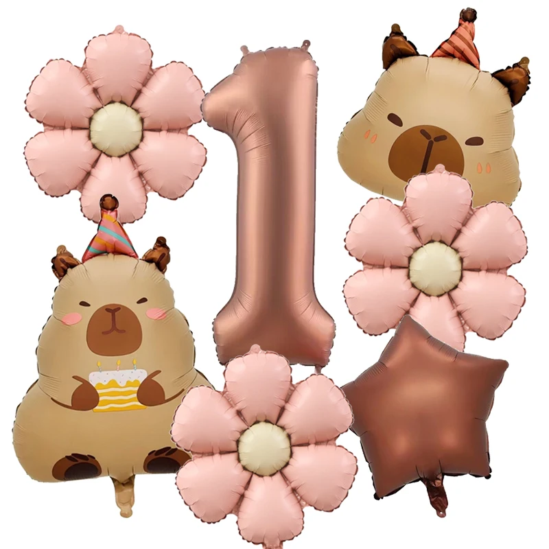 7 stücke Retro Karamell Farbe Ballons Set Capybara Aluminium Folie Ballon Digitale 0-9 Aluminium Film Ballons Geburtstag Party versorgung