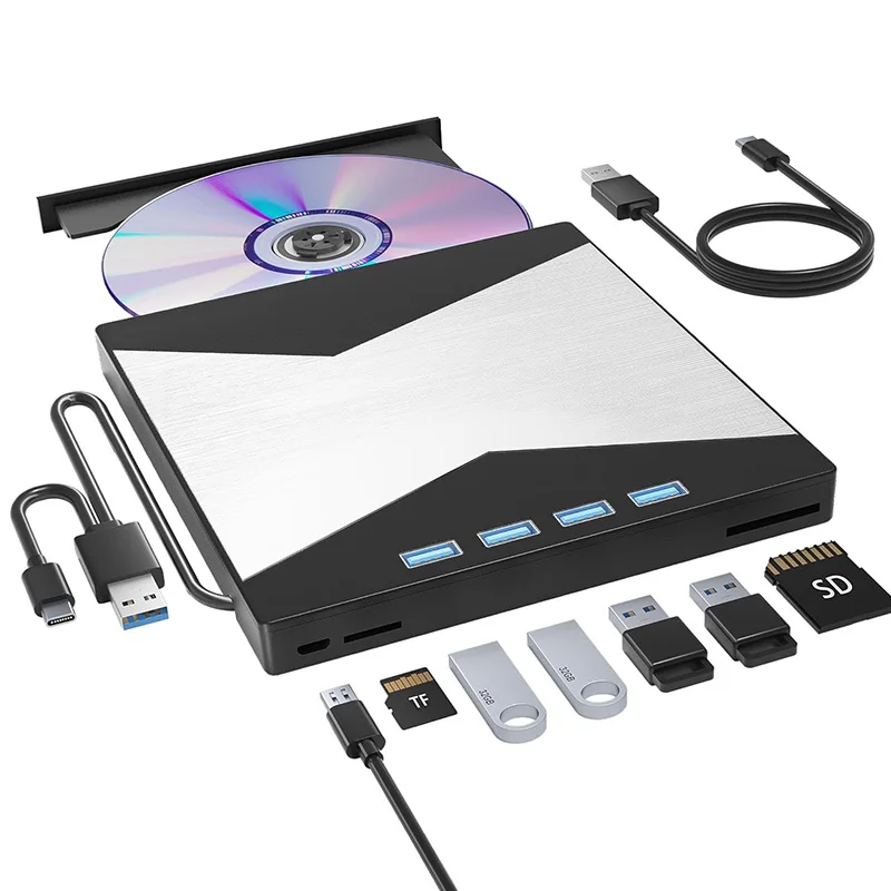 Externes CD/DVD-Laufwerk für Laptop, DVD-Player für PC, 8-in-1-CD-Brenner mit 4 USB-Anschlüssen und TF/SD-Kartensteckplätzen, externe Festplattenlaufwerke Image