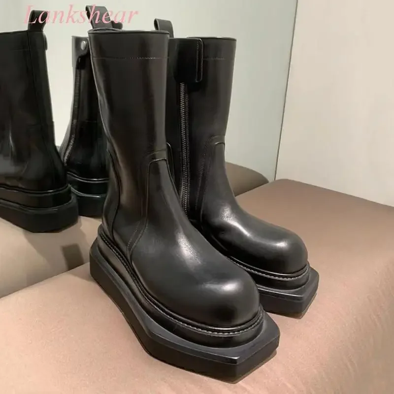 Neue Street-Style-Unisex-Stiefeletten, modische Karree-Reißverschlüsse hinten, Biker-Stiefel mit dicken Sohlen, Lederschuhe für Damen und Herren Image