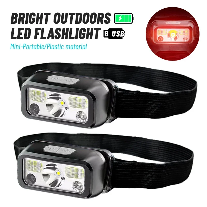 USB wiederaufladbare LED-Stirnlampe – Induktionsscheinwerfer mit rotem Licht, wasserdichte Stirnlampe für den Außenbereich zum Angeln, Camping, Nachtlauf Image