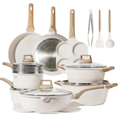 21Pcs Pots and Pans Set, Nonstick Cookware Sets, White Granite Induction Cookware Non Stick Cooking