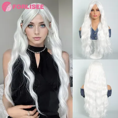Long Water Wave Wig with Bangs White Colorful Cosplay Wig for Women Daily Party Natural Soft