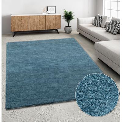 Wollteppich THEKO "Gabbeh Uni, Handweb Teppich, meliert, reine Wolle, handgewebt" Gr. 6, grau (grau, blau), B:200cm H:14mm L:300cm, Wolle, Teppiche, Schlafzimmer, Wohnzimmer, Esszimmer, auch als Läufer oder rund Image