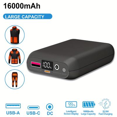 TEMU 16000mah Battery Pack For Vest- 22.5w Fast Charging Power Bank With Led Display And Dc7.4v For Jacket, Hoodie And Pants, Compatible With /15/14/13/12/11 Pro/pro Max, Ipad, , Tablet And More. Image