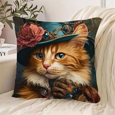 TEMU 1pc Cat In Hat & Jewels Design Plush Pillow Cover, 18x18 Inch - Vibrant Double-sided Print, Zippered Polyester Cushion Case For Sofa, Bedroom, Living Room, Car - Holiday Gift, No Insert Image