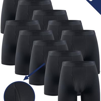 TEMU 10-pack Men's Long Front Closure Boxer Briefs, Black, Medium Waist, Comfortable -friendly Breathable, Casual Knit Fabric, Polyester 95% Spandex 5%, Solid Color, 150 Gsm Image