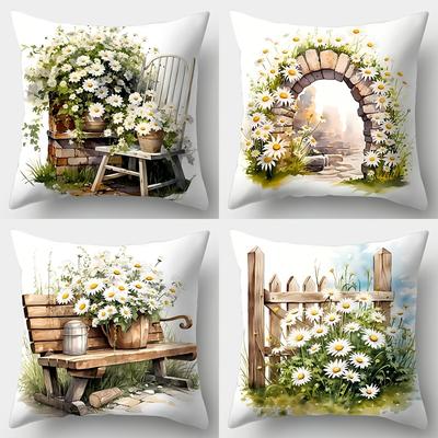 TEMU 4pcs Set, Sofa Pillowcase, Daisy Pillowcase, 18 Inches Inches, Velvet Single-sided Printing, Home Decoration, Sofa Waist Cushion Cover, Pillowcase Without Pillow Core Image