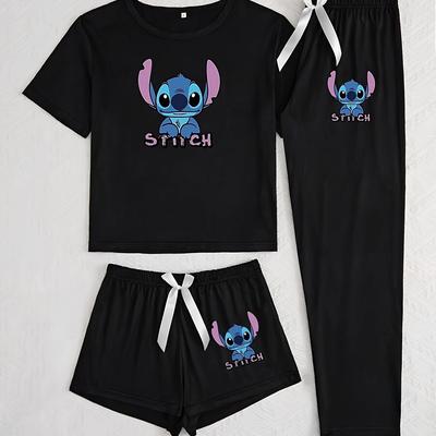 TEMU Stitch Print Women's Pajama Set - Cozy 3pcs With Black Shorts, Shorts & Pants, Bow Detail, Casual Crew Neck, Sleepwear, Pajamas|cartoon Print Pajamas|polyester Blend Pajamas Image