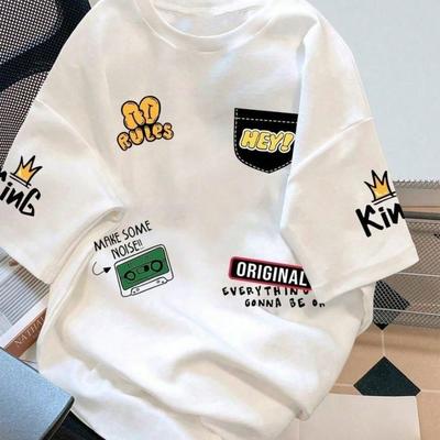 TEMU 1pc Women's Casual Oversized T-shirt, Round Neck, Polyester Knit Fabric, Regular Length, Letter , For All Image