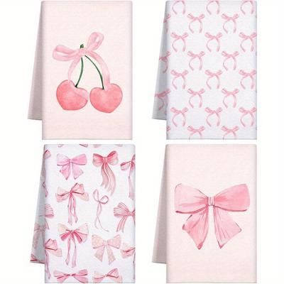 TEMU 4pcs Bow Kitchen Towels - 18x26 Inch Soft Polyester, Modern Cartoon Design With Ribbon Bows, Stylish Gift For Hostesss & Cooking Enthusiast Image