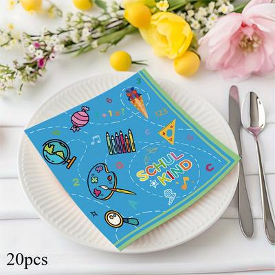 TEMU 20pcs Blue Double-layer Paper Napkins With School-themed Designs For Back-to-school Party Decorations, Festive Celebrations, And ' Parties, Party Accessories | Fun Party Items | Schulthemed Decor Image