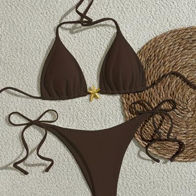 TEMU Sexy Solid Color Bikini Set With Starfish Decoration, High Stretch Fabric, Lace-up Detail - Beach And Pool Parties, Beach Accessorie Image