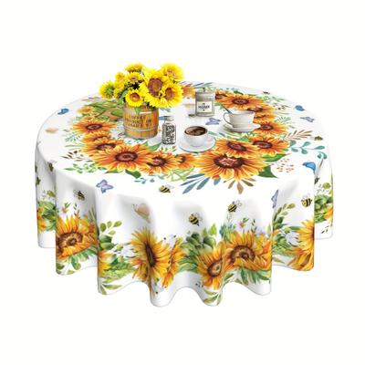 TEMU 1pc, Polyester Tablecloth, Summer Blooming Sunflower Party Tablecloth, Fall Farmhouse Sunflower Table Cover, Floral Bee Tablecloth, Home Kitchen Dining Picnic Decoration, Gift Image