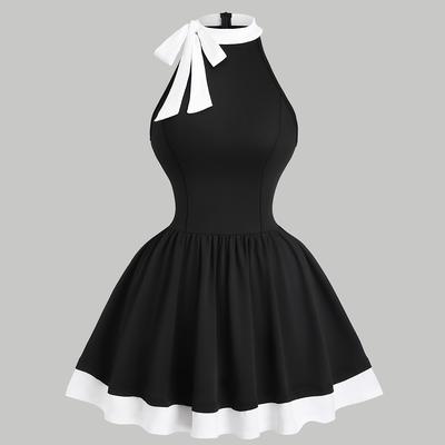 TEMU Elegant Black & White Sleeveless Dress With Bow Detail - Chic Mock Neck, Flared Hem, Commuting, Dates, And Casual , Commuting Dress | Mock Neck Dress | Stylish Image