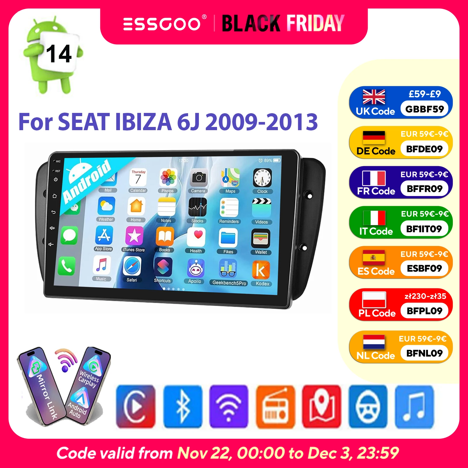 ESSGOO 9" Wireless CarPlay Android Auto Android 14 Autoradio GPS-Navigation RDS WiFi Lenkradsteuerung Bluetooth Apple CarPlay für SEAT IBIZA 6J 2009–2013 Mirror Link FM USB Multimedia-Videoplayer Image