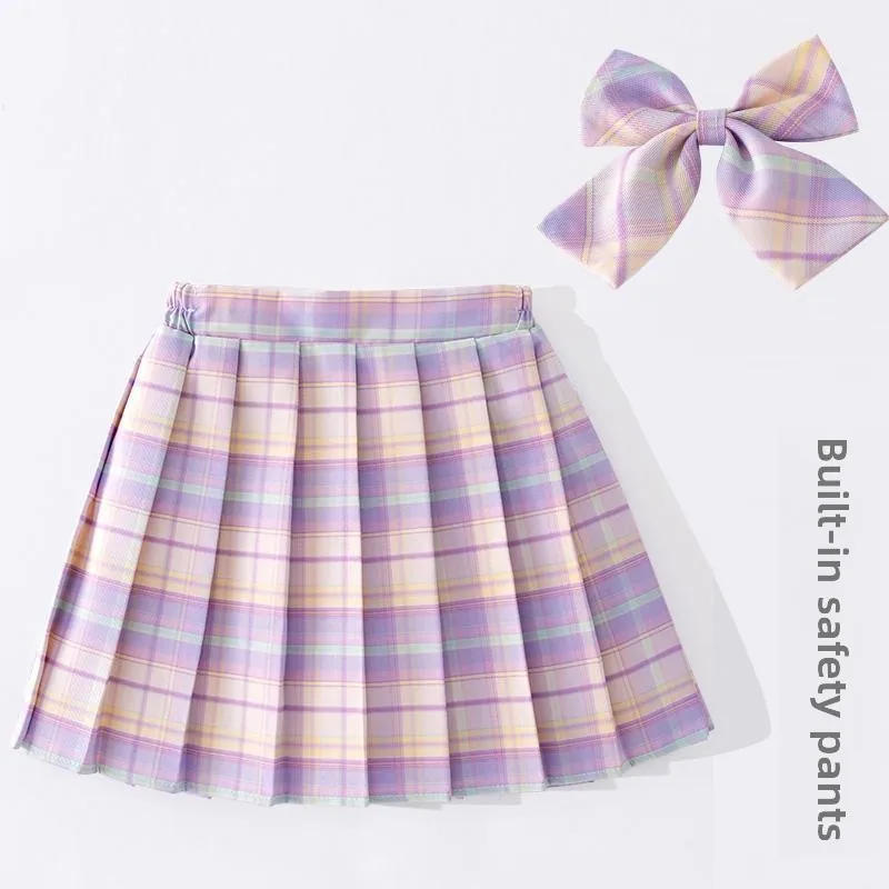 Teenager Mädchen Karierter Rock Kinder College-Stil Kleidung Frühling Sommer Kind Mode JK Gestreifter Faltenrock + Fliege 3-12 Jahre Image