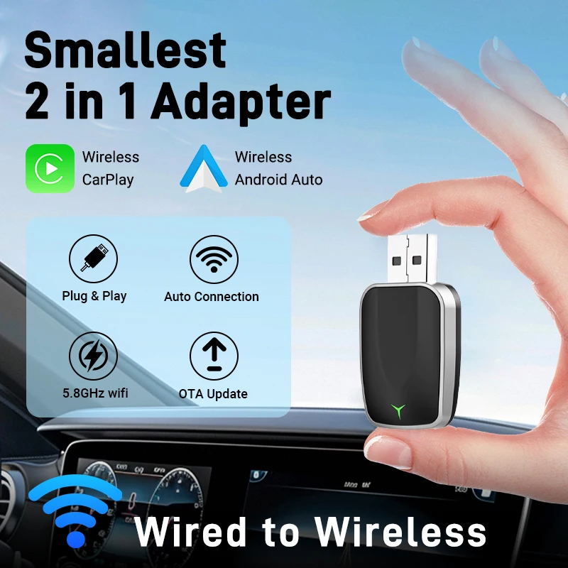 Der neue Mini-Adapter mit Kabel zu kabellosem CarPlay und Android Auto 2-in-1 eignet sich für 99 % Originalautos mit kabelgebundenem Carplay/Auto Image