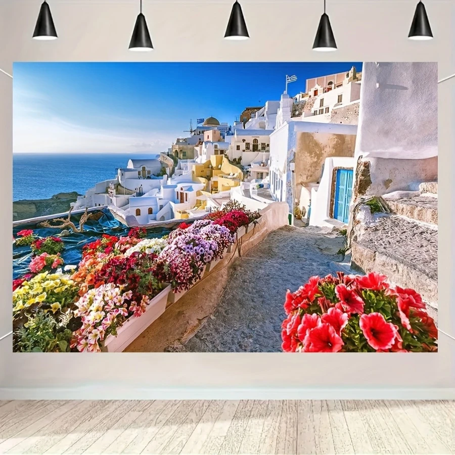 Polyester Santorini Hintergrund-griechisches Dorf von Oia weißes Haus Gebäude romantische Ägäis blühende Blume Hintergrund Image