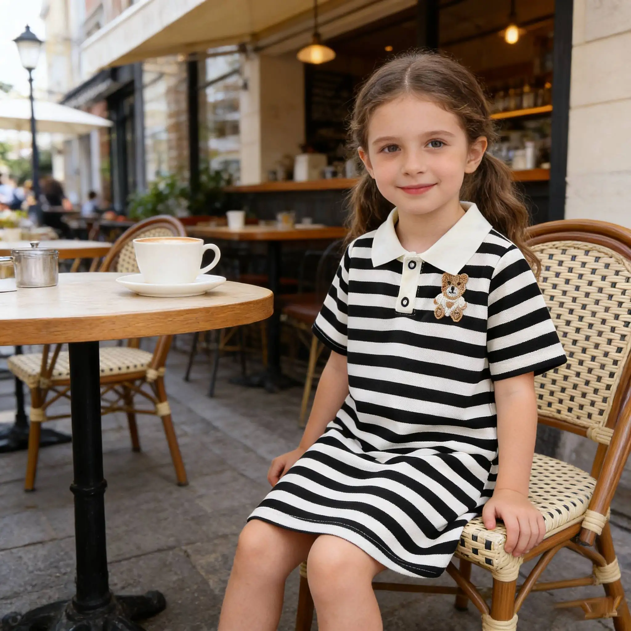 Sommer Gestreiften Kleid Mädchen Strand Kleid stickerei bär Kurzen Ärmeln Kind Kleidung Chic Hotsweet Streetwear Casual cartoon Kleid Image