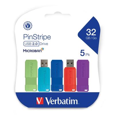 Verbatim Pinstripe Usb 2.0 Flash Drives, 32Gb, Assorted Colors, 5 Pack
