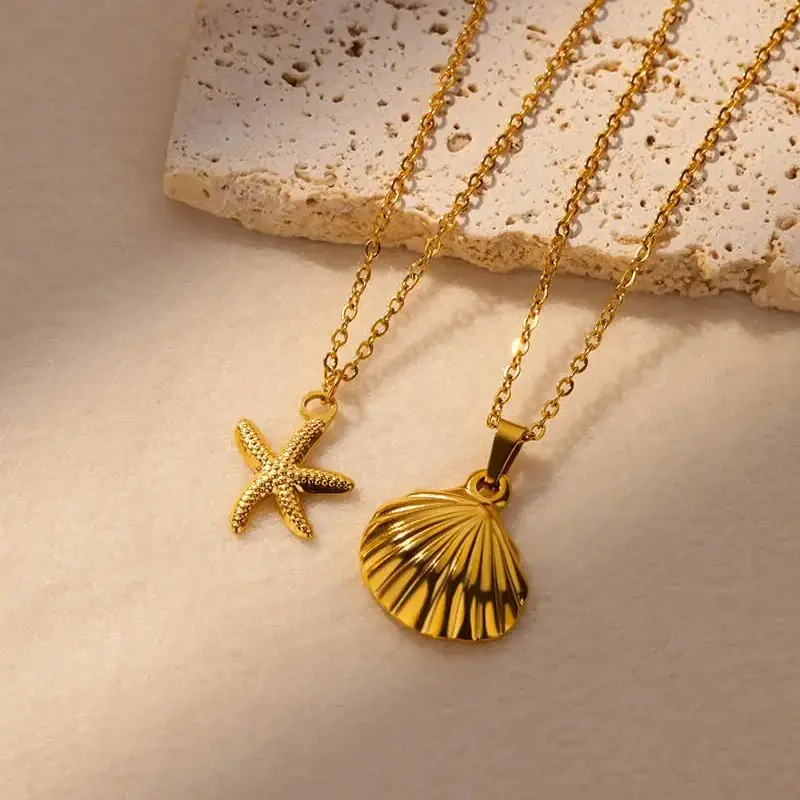 Kostenloser Versand Edelstahl Halsketten für Frauen Männer Gold Farbe Shell Seestern Anhänger Halskette Weiblichen Sommer Hawaiian Schmuck Image