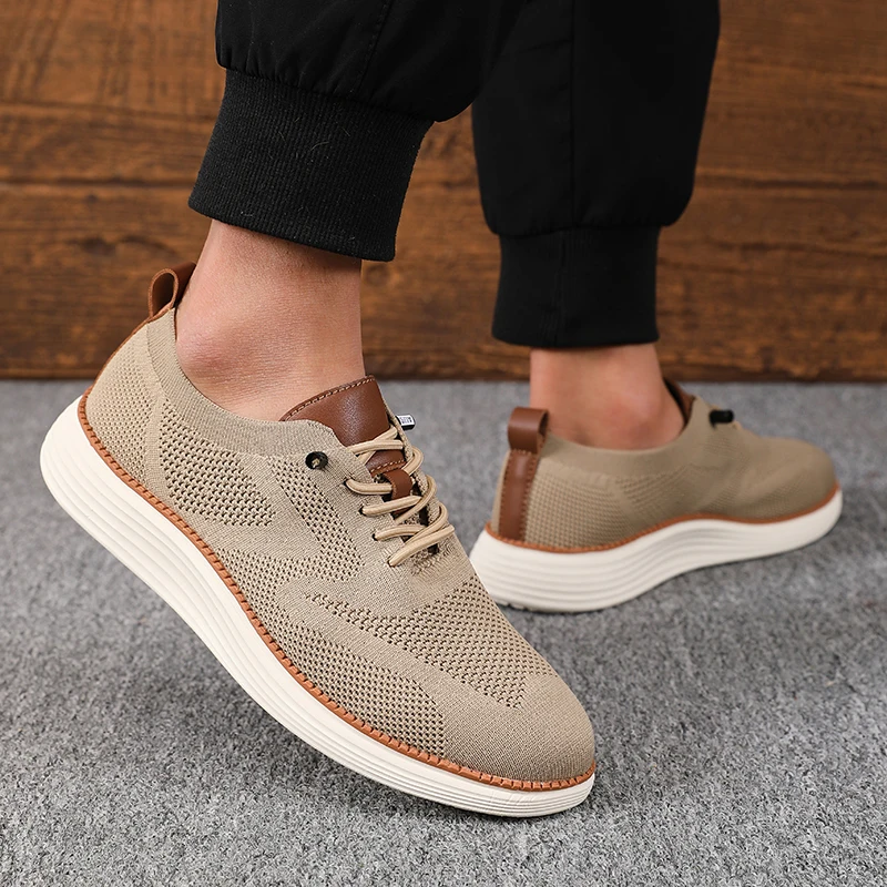 Moderne Herren Wanderschuhe Sommer Neue Gestrickte Freizeitschuhe Weiche Bequeme Leichte Einfarbige Einfache Schnürschuhe Flache Schuhe