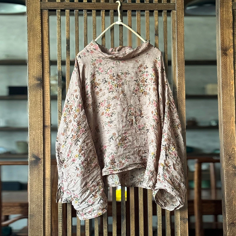 Frauen Casual Ramie T-shirts Neue 2025, Frühling Vintage Stil Rollkragen Floral Print Lose Weibliche Lange Hülse Casual Tops Tees M685