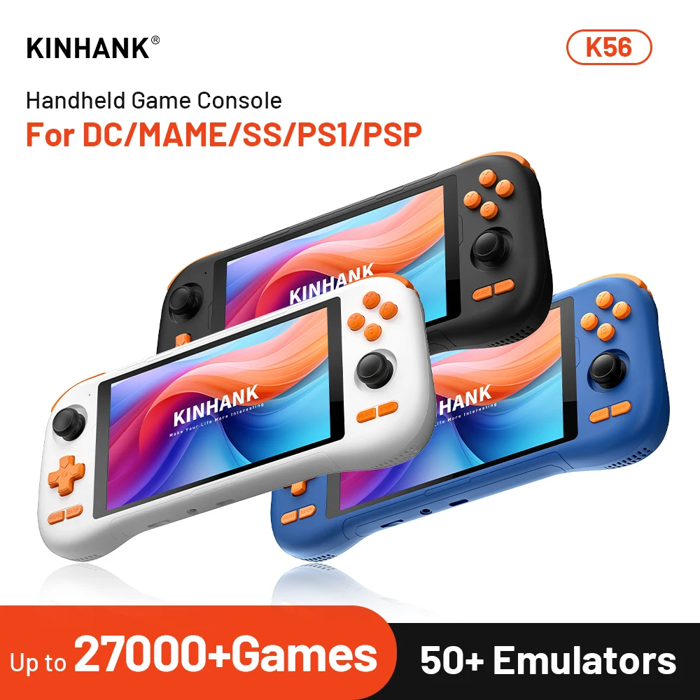 Kinhank K56 Handheld-Spielekonsole Android 14 5,5 Zoll Touchscreen mit über 50 Emulatoren Retro-Videospiele für DC/MAME/SS/PSP